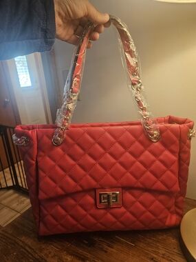 ELLO Quilted Red Chain-Handle Tote Bag